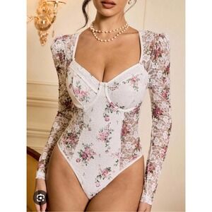Floral Lace Underwire Bodice Bodysuit White Pink Rose Long Sleeve 1XL